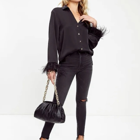 VICI Hollywood Nights Satin Feather Trim Button Up Blouse Black Large L NEW NWOT - Picture 5 of 11